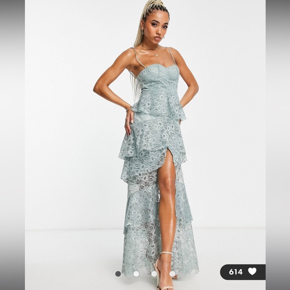 Asos Trendyol tiered lace maxi dress in sage green - Picture 1 of 5